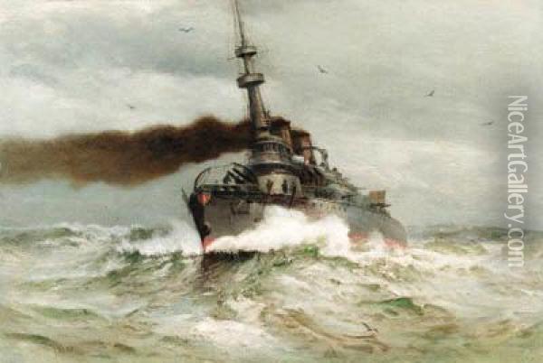 Battle Cruiser At Full Steam
Oil On Canvas Oil Painting - James Gale Tyler