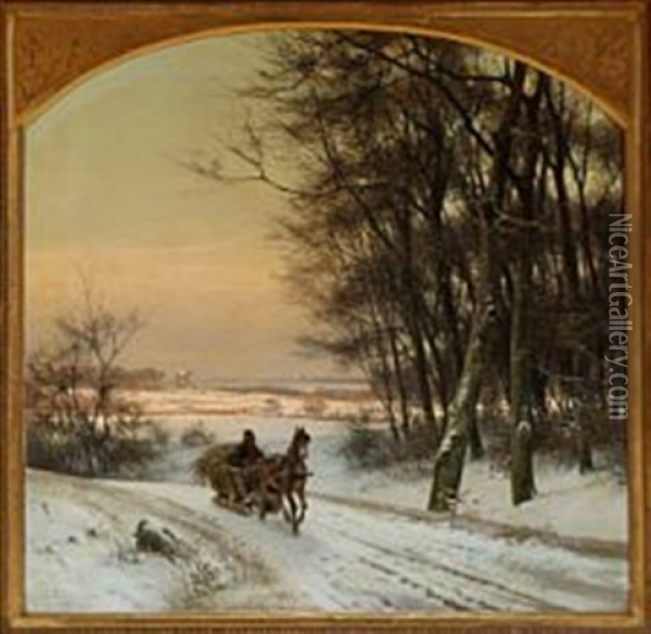 A Winter Landscape With A Farmer On His Sleigh Oil Painting - Frederik Niels Martin Rohde
