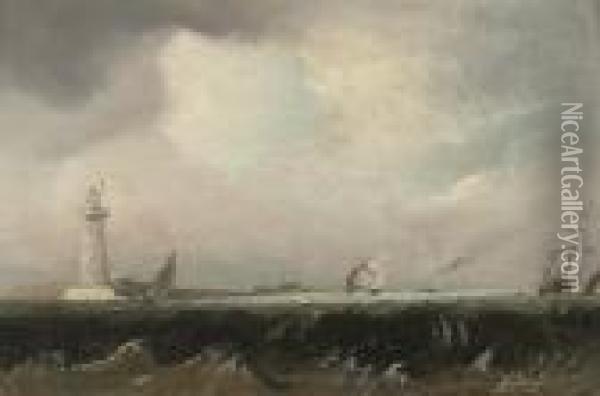 Shipping Off A Lighthouse In A Stiff Breeze Oil Painting - Thomas Buttersworth