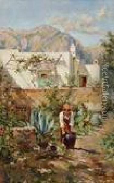 Suditalienische Landschaft Mit 
Einer Jungen Frau Und Einem Hund Im Garten Eines Landhauses Oil Painting - Antonino Leto