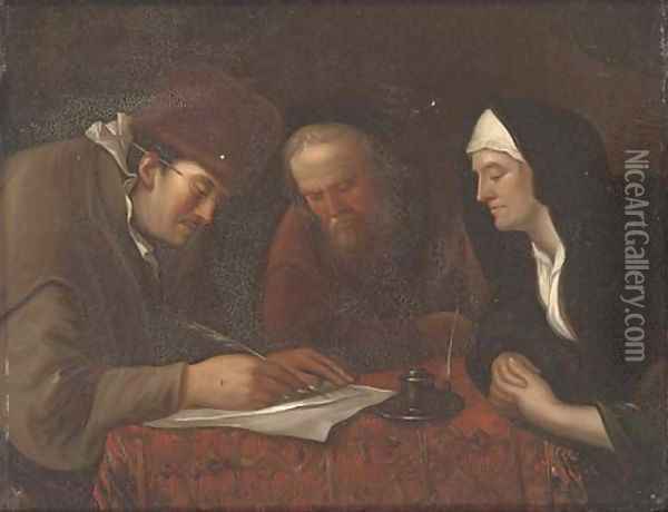A widow and two gentleman in an interior writing a letter Oil Painting - Jan Steen