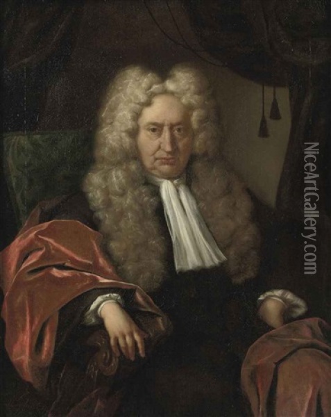 Portrait Of A Gentleman In A Black Costume And A Red Velvet Cloak, Seated In A Chair Oil Painting - Jan Maurits Quinkhardt