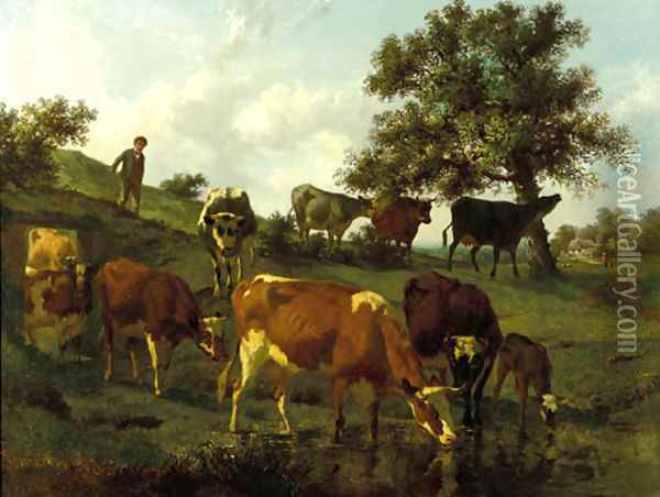 A hilly landscape with a herdsboy and cows drinking by a brook Oil Painting - Edouard Woutermaertens