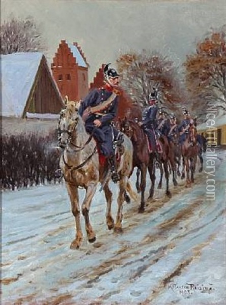 Riding Dragoons, Winter Time Oil Painting - Karl Frederik Christian Hansen-Reistrup