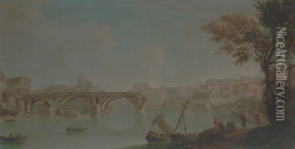 Rome, A View Of The Ponte Rotto On The Tiber Oil Painting - Paolo Anesi
