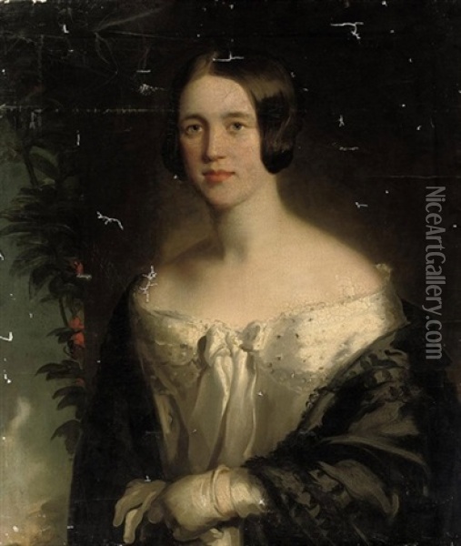 Portrait Of A Lady In A White Dress And Black Shawl Oil Painting - Isaac F. Bird