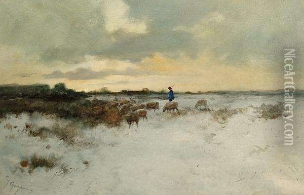A Herdsman And His Cattle In A Winter Landscape Oil Painting - Johannes Josephus Garjeanne