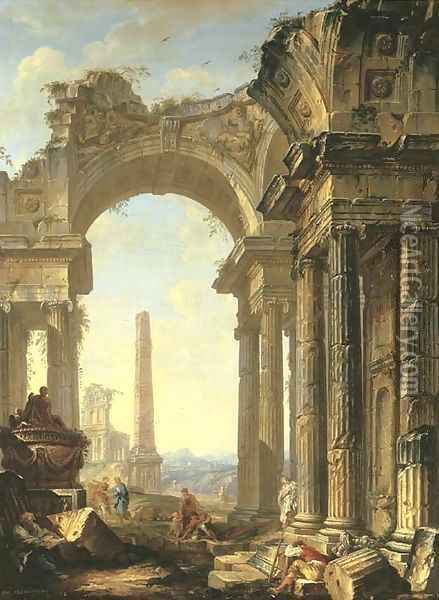 A capriccio of a ruined ionic temple and an obelisk with figures Oil Painting - Giovanni Niccolo Servandoni