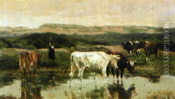 Koeienhoedster Op De Kalmthoutse Heide Oil Painting - Emile Van Damme-Sylva