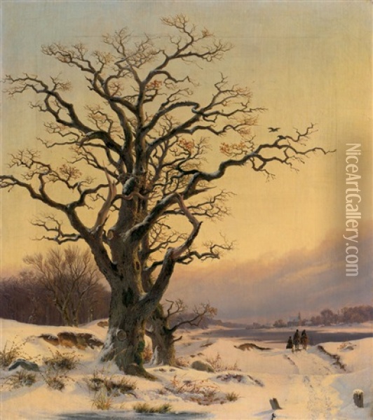Winterlandschaft An Der Elbe Mit Drei Reitern Oil Painting - Johann Hermann Carmiencke