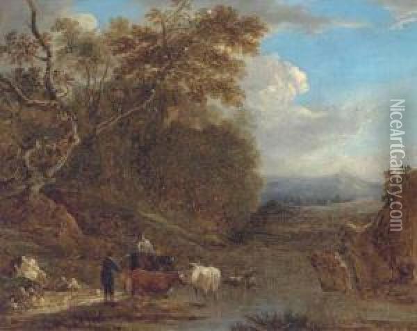 A Drover With Cattle Watering Oil Painting - Benjamin Barker Of Bath