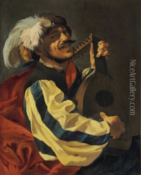A Man Playing A Lute Oil Painting - Hendrick Ter Brugghen