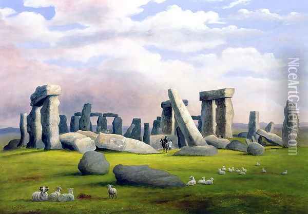 Sheep Grazing, Stonehenge, Wiltshire Oil Painting - Richard Tongue