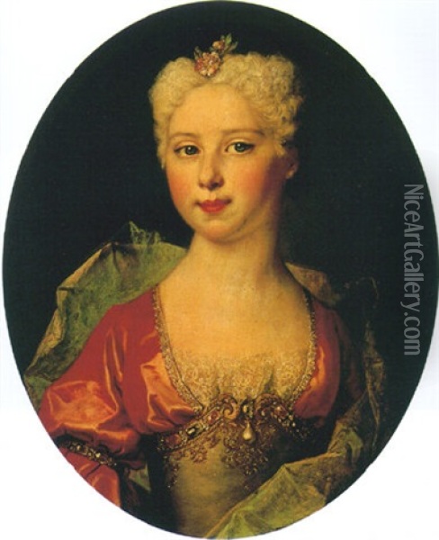 Portrait Of Marie-elisabeth Pommyer In A Red And Grey Dress And Wrap Oil Painting - Nicolas de Largilliere