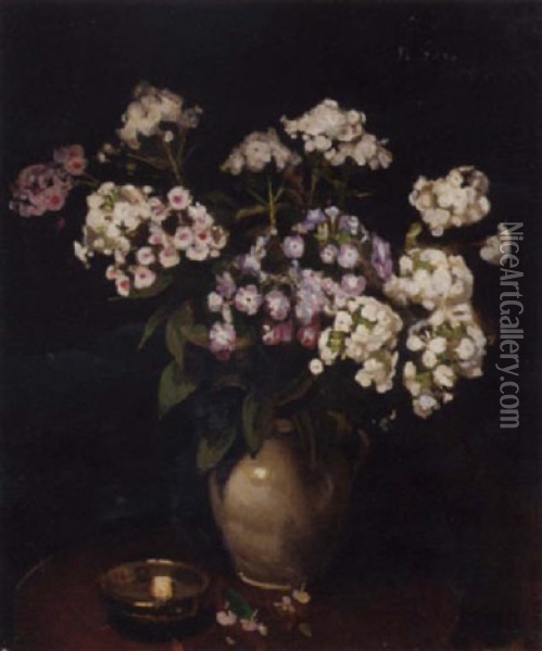Phlox In A Jug With A Silver Dish On A Table Oil Painting - William Crampton Gore