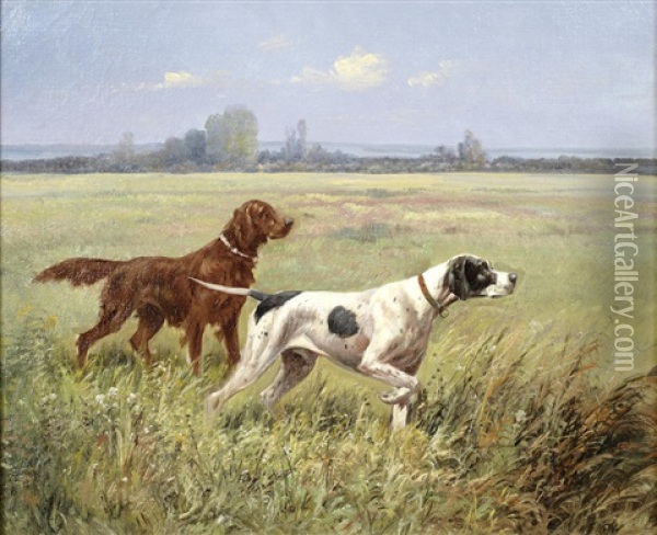 Pointer And A Setter In A Landscape Oil Painting - Eugene Petit