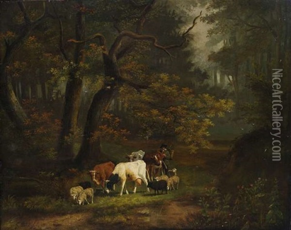 Waldinneres Mit Kleiner Kuh- Und Schafherde Oil Painting - Cornelis Jan de Vogel