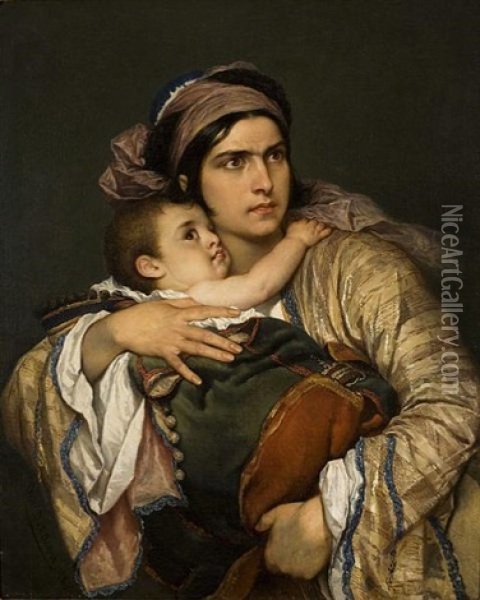 Greek Mother Oil Painting - Cesare Felix Georges dell' Acqua