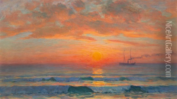 Steamship In Dusk Oil Painting - Georges Mita