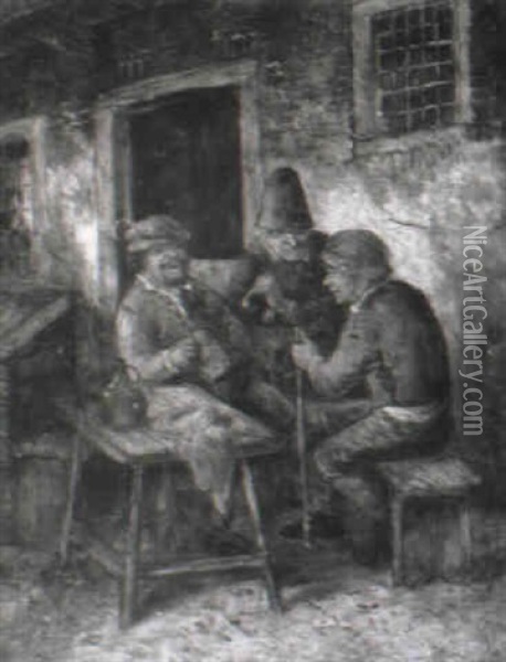 Peasants Smoking And Drinking Outside An Inn Oil Painting - Adriaen Jansz van Ostade