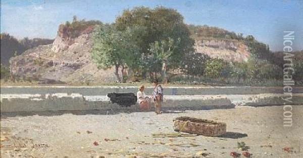 A Summer Day In The Italian Campagna With Two Figures Resting By The Roadside Oil Painting - Giuseppe Laezza