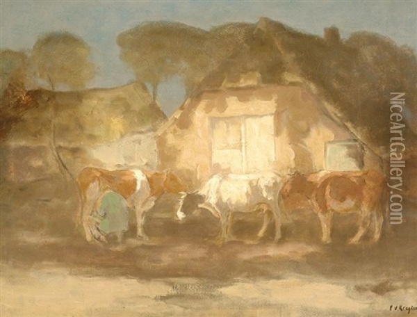 Milking Time In The Farmyard Oil Painting - Fedor Van Kregten