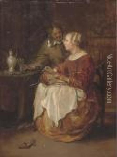 A Lady Sewing With A Gentleman In An Interior Oil Painting - Gabriel Metsu