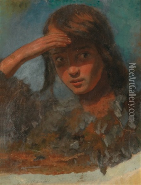 Portrait Eines Jungen Madchens, Die Hand An Die Stirn Gelegt Oil Painting - Raffaello Pontremoli