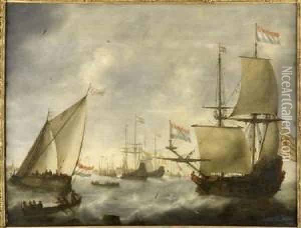 The Dutch Fleet Entering Harbour In Choppy Seas Oil Painting - Jacob Adriaensz. Bellevois