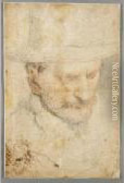 Study Of The Head Of A Man Wearing A Hat And A Sketch Of A Bearded Man Oil Painting - Acopo D'Antonio Negretti (see Palma Giovane)