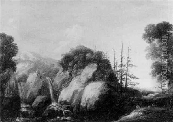 A Mountainous Landscape With A Shepherd Playing The Flute By A Waterfall Oil Painting - Joos de Momper the Younger