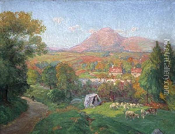 Bergere Et Troupeau Dans La Vallee. Oil Painting - Charles Jean Coussediere
