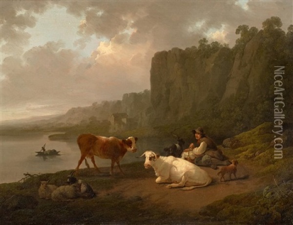 Hirte Mit Seinem Vieh An Einer Felsigen Meeresbucht Oil Painting - Julius Caesar Ibbetson