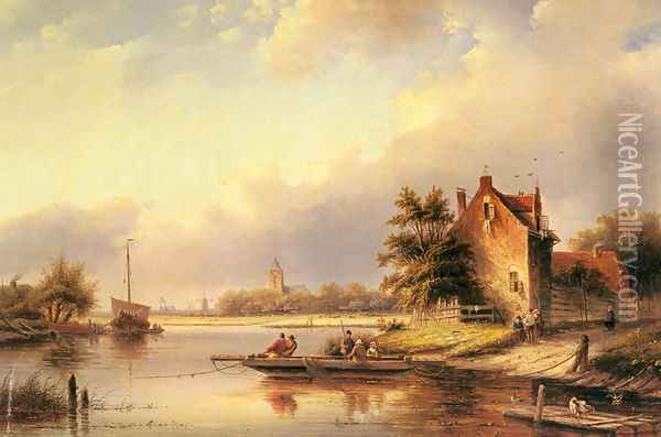 A Summer's Day at the Ferry Crossing Oil Painting - Jan Jacob Coenraad Spohler