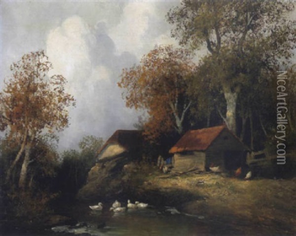 Bauernhof Am Bachufer Oil Painting - Adolf Kaufmann