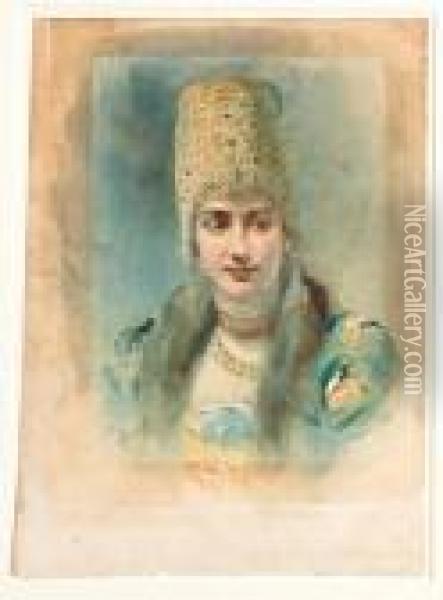 Girl Wearing A Kokoshnik And Pearl Choker Oil Painting - Lev Samoilovich Bakst