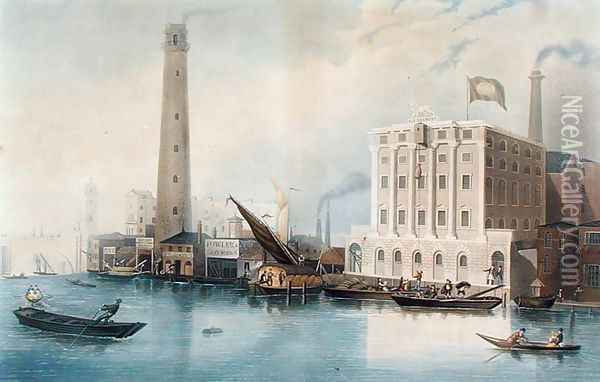 View of Godings New Lion Ale Brewery, Fowlers Iron Works and Walkers Shot Manufactory, Lambeth, 1836 Oil Painting - Francis Calcraft Turner
