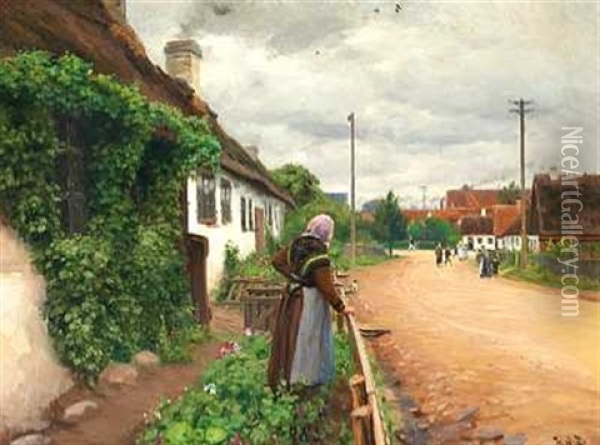 En Gammel Kone Betragter Landsbyens Legende Born Oil Painting - Hans Andersen Brendekilde