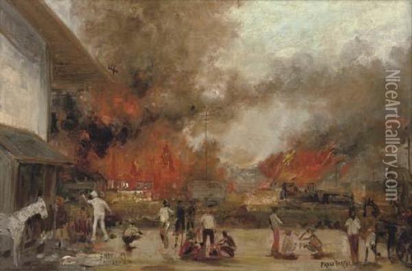 Fire Near S.c.s. Station, Cheribon Oil Painting - Frans Bakker