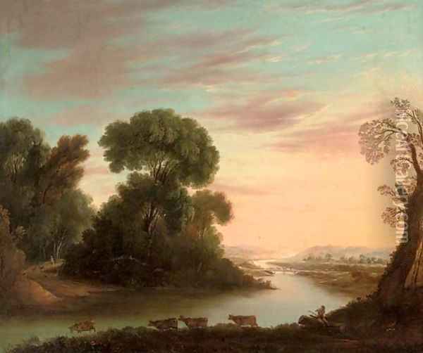 A wooded river landscape with a drover under a tree, his cattle beyond Oil Painting - Claude Lorrain (Gellee)