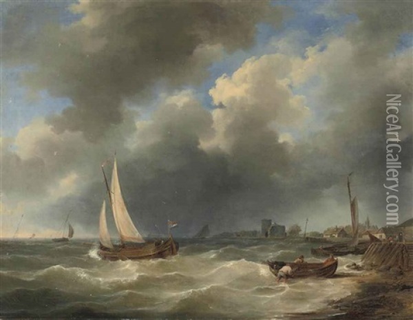 Sailing Vessels In A Stiff Breeze Oil Painting - Hermanus Koekkoek the Elder