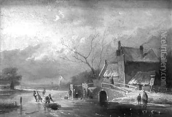 Peasants skating and conversing by a koek en zoopie on a frozen river Oil Painting - Jan Evert Morel