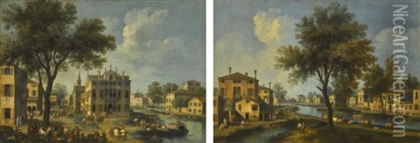 Village Scenes On The Brenta Canal Oil Painting - Giovanni Battista Cimaroli