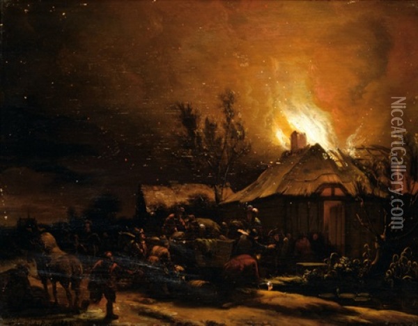 Nightly Scene Of Farmers Near A Burning Farm Oil Painting - Egbert Lievensz van der Poel