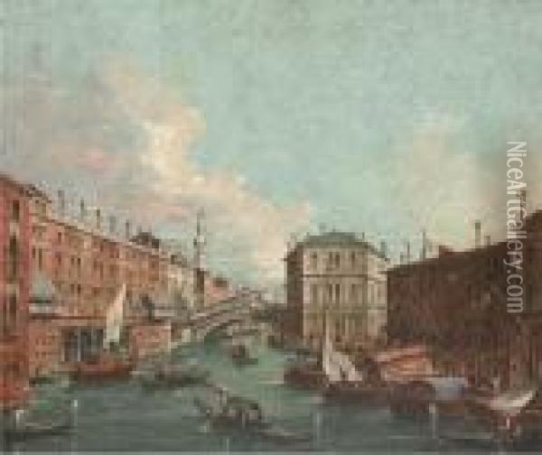 Vessels Before The Rialto Bridge, Venice Oil Painting - (Giovanni Antonio Canal) Canaletto