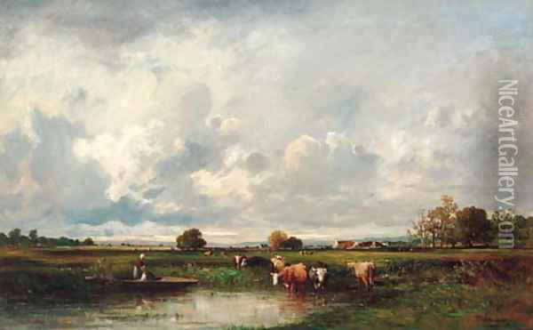 Cattle and farmhands in a pasture Oil Painting - Leon Victor Dupre