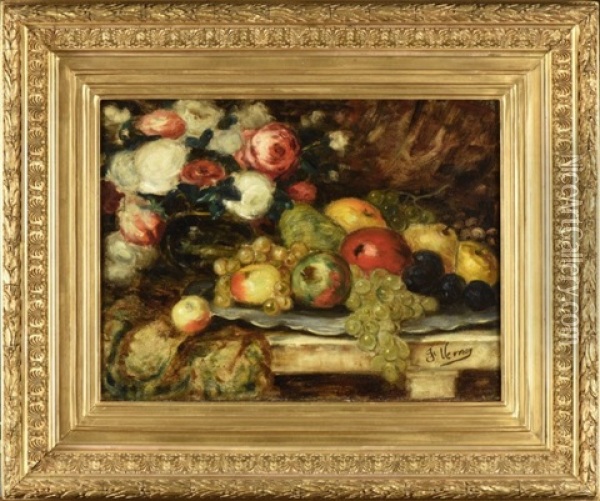 Nature Morte Aux Roses Et Fruits D'automne Oil Painting - Francois Vernay