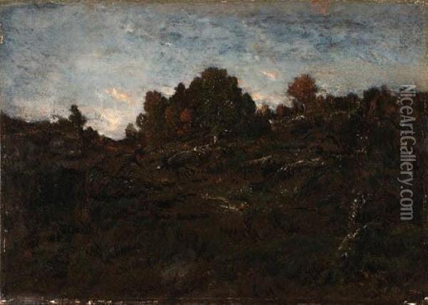 Sentier Du Jean-de-paris, Crpuscule (platire En Fort Defontainebleau)
Signed 'th Rousseau.' (lower Left), And Stamped With Initials'th.r' (lugt 2437; Lower Right) Oil Painting - Theodore Rousseau