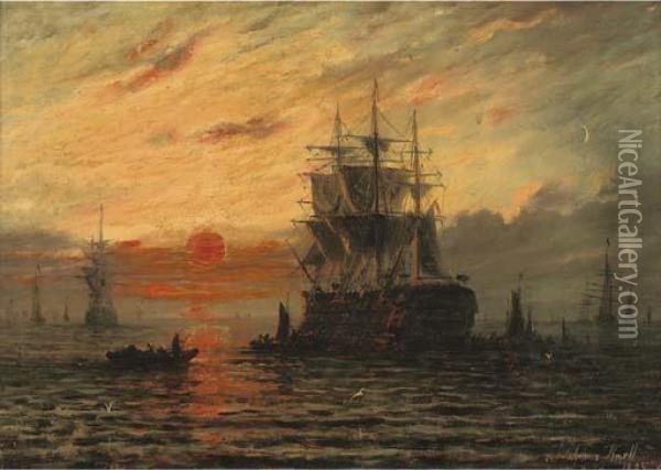 The Flagship At Dusk Oil Painting - Adolphus Knell