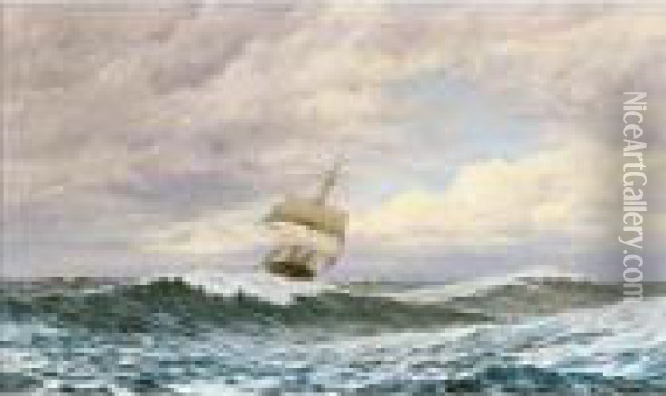 A Masted Ship In Stormy Waters; Seaweed Gatherers On The Shore Oil Painting - Frederick W. Meyer